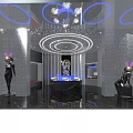 Modern Public Restroom Interior With Ceiling Ring Lights Marble Counter And Washbasins 3d model