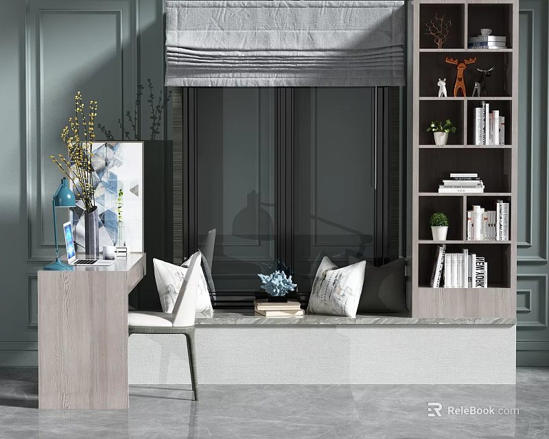 Bay Window Interior Design With Cozy Seat Pillows Bookshelf And Decorative Plants 3d model 