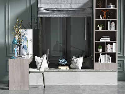 Bay Window Interior Design With Cozy Seat Pillows Bookshelf And Decorative Plants 3d model