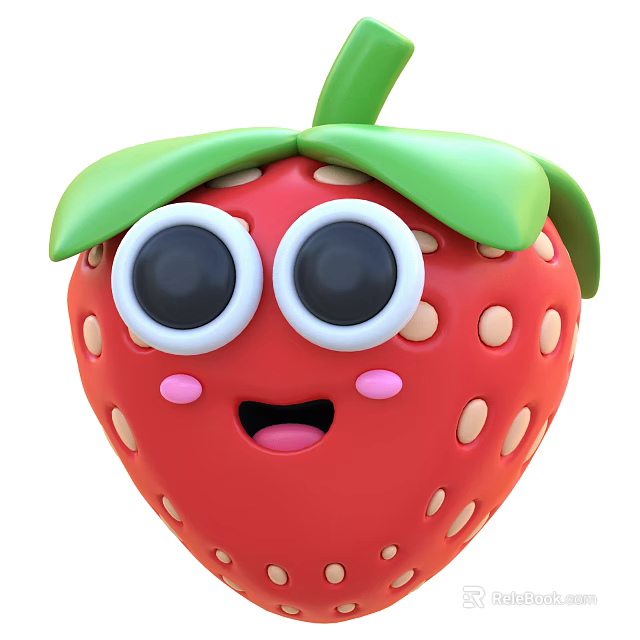 Cute Cartoon Strawberry with Big Eyes Smiling Face and Green Leaves 3d model