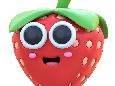 Cute Cartoon Strawberry with Big Eyes Smiling Face and Green Leaves 3d model