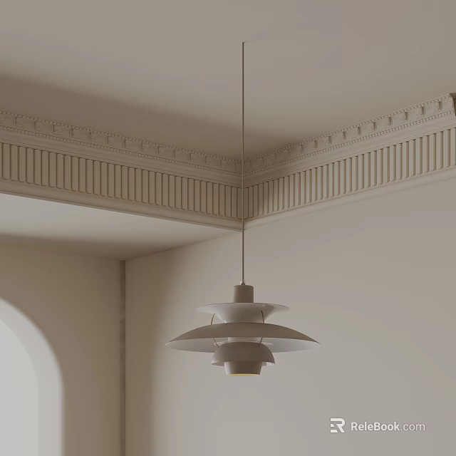 Elegant Layered Chandelier Hanging In Room Corner With Decorative Ceiling Cornice 3d model 
