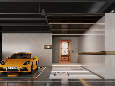 Modern Parking Garage With Yellow Sports Car B5 Sign Wooden Door And Striped Floor Lighting 3d model