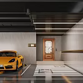 Modern Parking Garage With Yellow Sports Car B5 Sign Wooden Door And Striped Floor Lighting