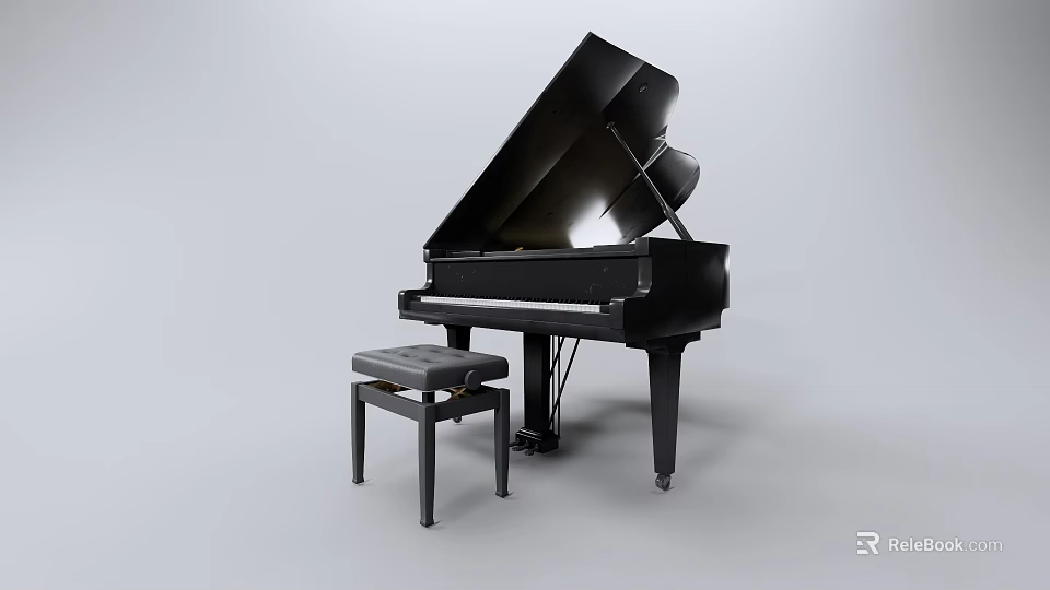 Classic Black Grand Piano With Matching Stool For Musical Performances And Practice 3d model 