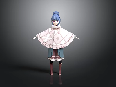 Anime Style 3D Character Model With Blue Bun Hair White Cape And Brown Boots 3d model