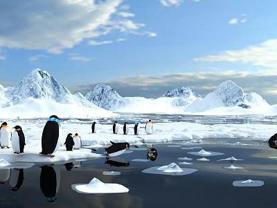 Arctic Landscape Featuring Snowy Mountains Penguins Ice Floes Blue Sky White Clouds And Water Reflections 3d model