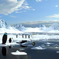 Arctic Landscape Featuring Snowy Mountains Penguins Ice Floes Blue Sky White Clouds And Water Reflections