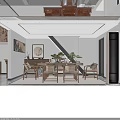 Traditional Chinese Painting Gallery With Wooden Display Shelf And Wall Artworks