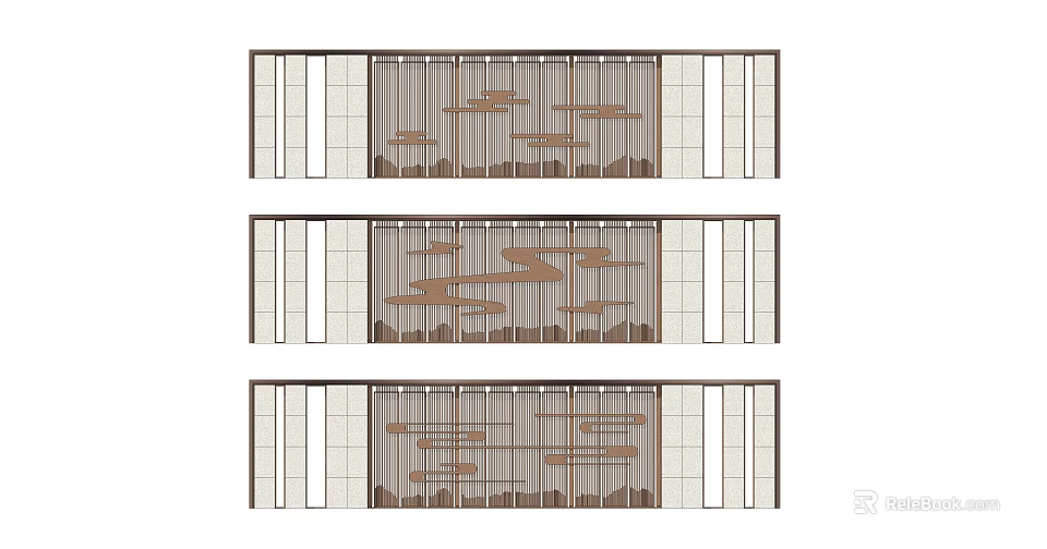 Modern Feature Wall Design With Wooden Abstract Landscape Patterns And Vertical Stone Tile Background 3d model