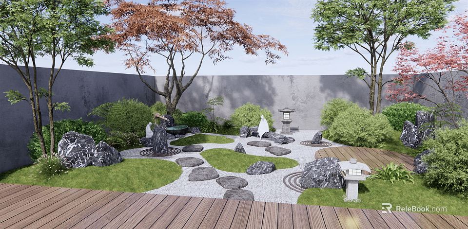 Japanese Garden Rockery Stones With Stone Path Grass Trees And Lanterns 3d model 