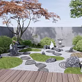 Japanese Garden Rockery Stones With Stone Path Grass Trees And Lanterns