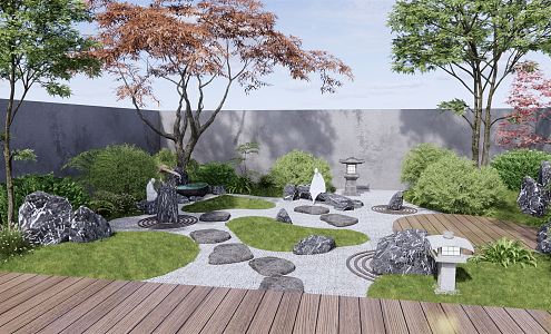 Japanese-style courtyard dry landscape courtyard landscape Zen gardening landscape stone rockery stone landscape trees shrubs green plants flowers and plants 3d model