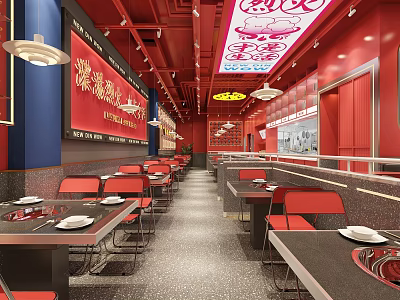 Red Themed Hot Pot Restaurant Interior With Red Tables Chairs And Decorative Posters 3d model