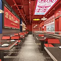 Red Themed Hot Pot Restaurant Interior With Red Tables Chairs And Decorative Posters