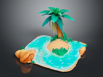 3D Tropical Island Model With Palm Tree Blue Water Sandy Beach And Rocks 3d model