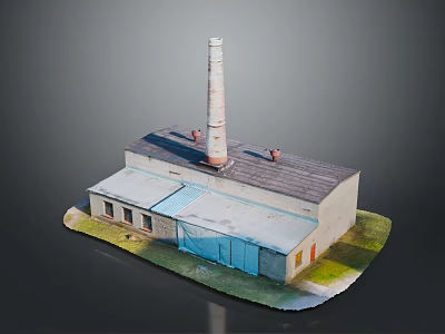 Industrial Factory Building With Tall Chimney Gray Roof And Blue Door 3d model
