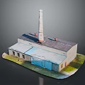 Industrial Factory Building With Tall Chimney Gray Roof And Blue Door