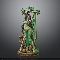 Detailed Female Figure Sculpture In Green Attire With Palm Tree And Carved Base