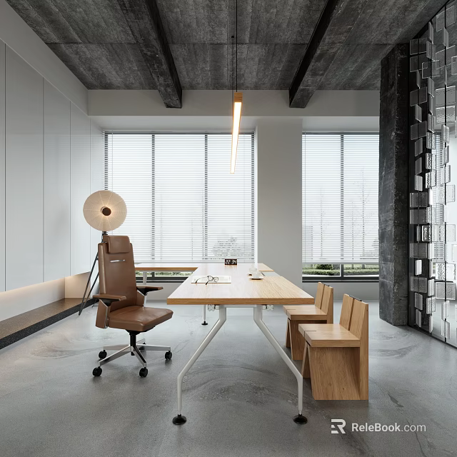 Modern Office Interior With Wooden Meeting Table Leather Chair And Floor to Ceiling Windows 3d model 