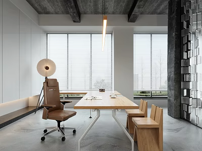 Modern Office Interior With Wooden Meeting Table Leather Chair And Floor to Ceiling Windows 3d model