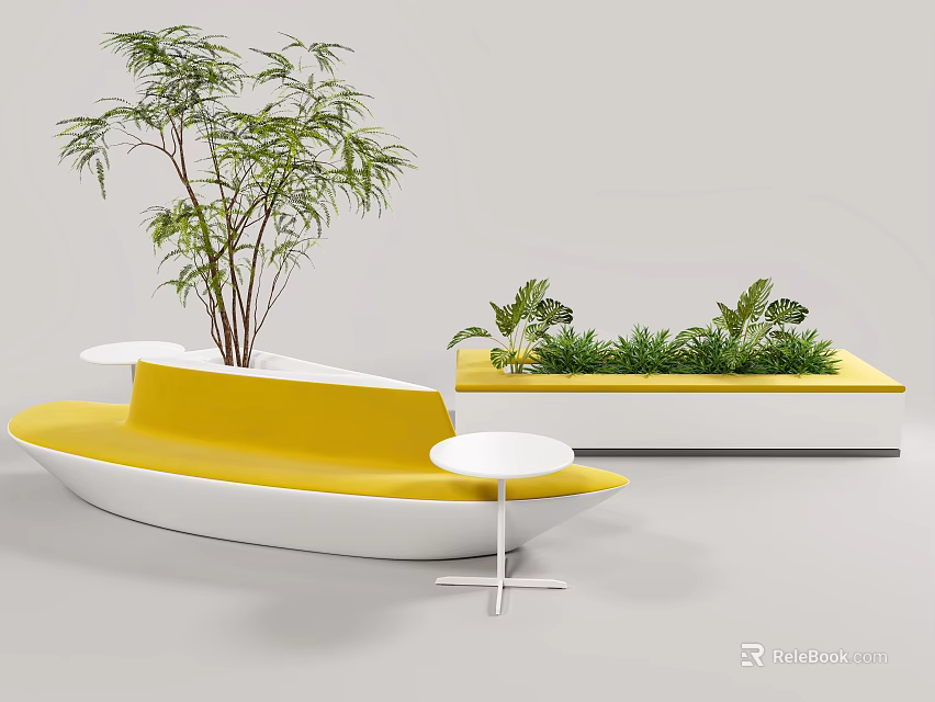 Modern Landscape Seats With Yellow White Curved Design Rectangular Planter And Green Plants 3d model