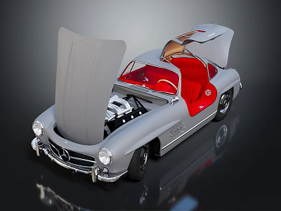 Classic Silver Mercedes-Benz Convertible With Open Hood And Trunk Red Seats Exposed Engine 3d model