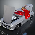 Classic Silver Mercedes-Benz Convertible With Open Hood And Trunk Red Seats Exposed Engine
