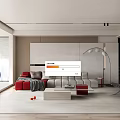 Modern Living Room Interior Design With Red And Gray Sofa Large Window And Floor Lamp