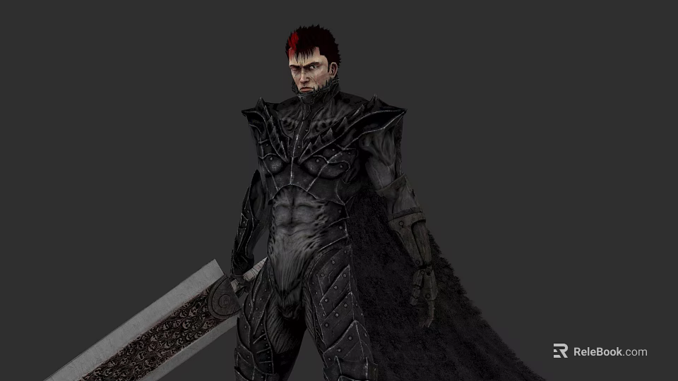 Fantasy Warrior Game Movie Character With Red Hair Black Armor And Large Sword 3d model 