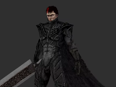 Fantasy Warrior Game Movie Character With Red Hair Black Armor And Large Sword 3d model