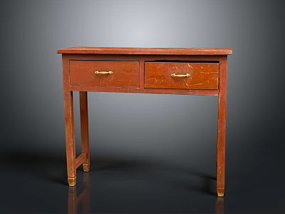 Vintage Wooden Desk With Two Drawers And Golden Handles For Home Study 3d model
