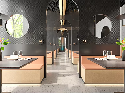 Modern Restaurant Interior Featuring Arched Doorways Circular Windows Black Walls Dining Tables And Green Plants 3d model