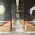 Modern Restaurant Interior Featuring Arched Doorways Circular Windows Black Walls Dining Tables And Green Plants