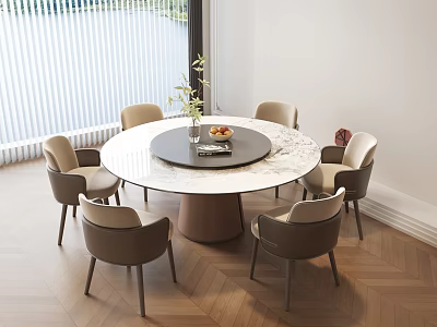 Modern Round Marble Dining Table Set with Black Centerpiece Wooden Base and Beige Upholstered Chairs 3d model