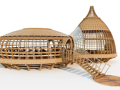 Dome Shaped Wooden House Structures With Stairs And Open Frame Design 3d model
