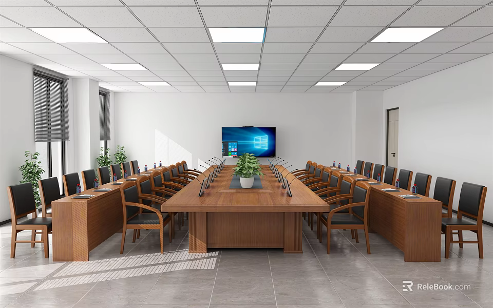 Modern Conference Room Interior With Wooden Table Chairs Potted Plant And Large Screen TV 3d model 