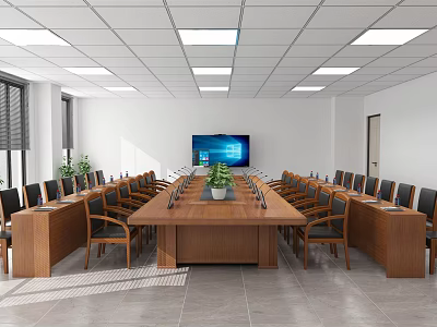 Modern Conference Room Interior With Wooden Table Chairs Potted Plant And Large Screen TV 3d model