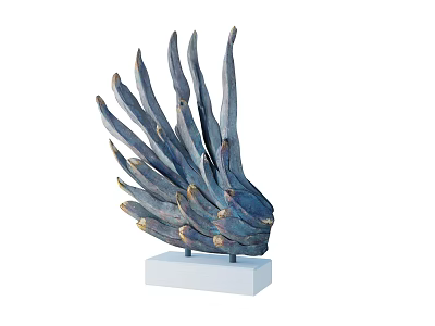 Wing Shaped Decorative Ornament Sculpture With Blue Gold Accents And White Base 3d model