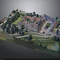 Red Brick Courtyard Buildings with Green Trees Lawns Roads and Scaled Model Layout
