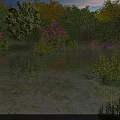 Garden Landscape With Water Area Green Trees Bushes And Natural Reflections