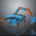 Blue And Orange Futuristic Mechanical Robot With Tracked Base And Shovel Arm