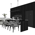 Modern Open Kitchen With Black Cabinets Island Dining Table And Chairs 3d model