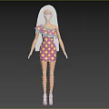 Fashionable Blonde Doll With Pink Polka Dot Dress Blue Shoulder Detail And Purple Shoes