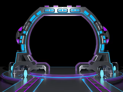 Futuristic Sci Fi Archway Structure With Blue Purple LED Lights And Circular Platform 3d model