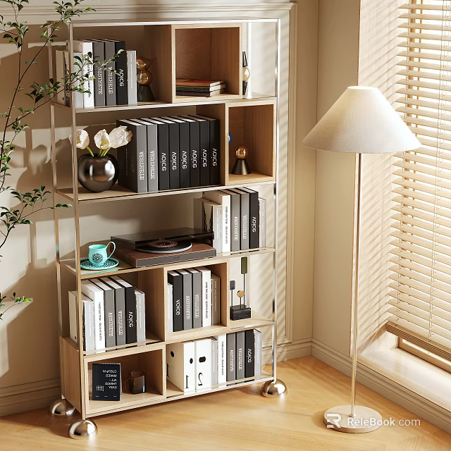 Modern Shelving Unit With Stacked Books Decorative Vase Teacup And Floor Lamp By Window Blinds 3d model 