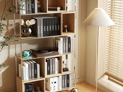 Modern Shelving Unit With Stacked Books Decorative Vase Teacup And Floor Lamp By Window Blinds 3d model