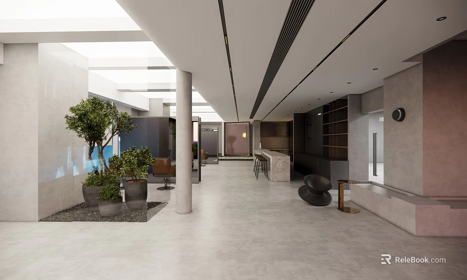 Beauty Hair Salon Modern Interior With Spacious Reception Area And Green Plants 3d model 