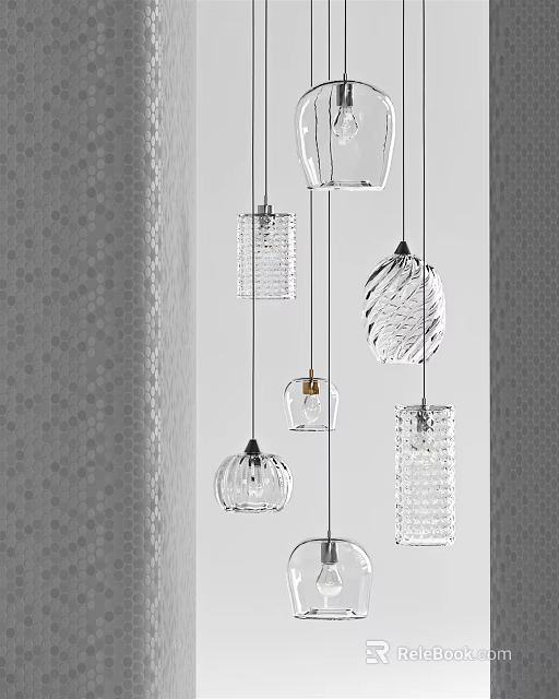 Modern Transparent Glass Pendant Lights With Various Geometric And Rippled Designs In Artistic Hanging 3d model 