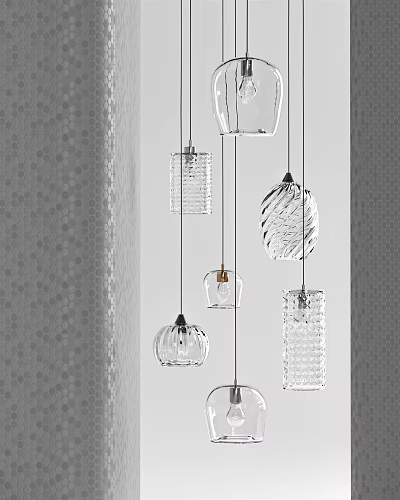 Modern Transparent Glass Pendant Lights With Various Geometric And Rippled Designs In Artistic Hanging 3d model